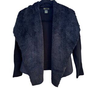 Faith & Zoe Glam Regency Party Black Faux Shearling Open Front Cardigan Jacket X